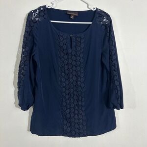 Dana‎ Buchman Women's Navy Blue Lace Detail 3/4 Sleeve Blouse Size M